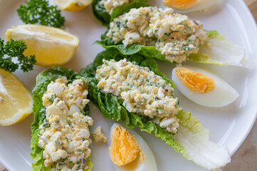 Healthy low carb or keto meal with delicious cottages cheese egg salat in a lettuce leaf on a white...