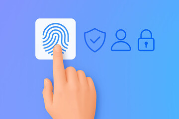 Fingerprint Authentication Security Concept with Icons of Shield, User, and Lock on Blue Background