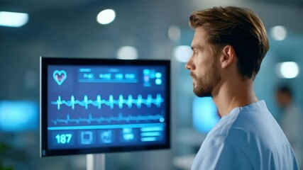 Medical professional monitoring heart rate and electrocardiogram digital screen modern hospital, focused and attentive atmosphere, advanced healthcare technology, clinical environment, patient care - Powered by Adobe