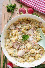 Healthy potato salad with yoghurt dressing, chives, red redish, onions and pickles in a bowl