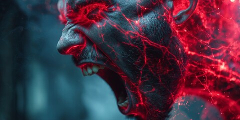face with glowing red veins is roaring against a dark, misty background. The intense expression and vivid colors create a terrifying and dramatic scene, expressing strong emotion, anger. 