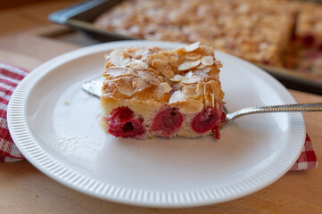 Piece of sour cherry cake on a plate fresh and homemade baked