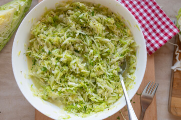 Traditional old fashioned german coleslaw fresh and homemade prepared in a bowl