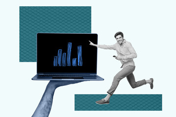 Sketch pop 3d zine full collage of happy businessman businesswoman stand hand hold laptop chart...