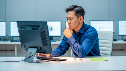 A professional office setting with an Asian man in a navy blue button-up shirt working at a computer station.