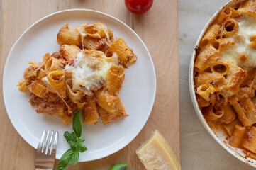 Tuna casserole with tomato sauce and mozzarella cheese topping fresh and homemade cooked