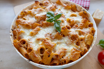 Tuna casserole with tomato sauce and mozzarella cheese topping fresh and homemade cooked