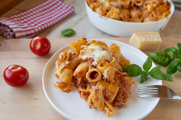 Tuna casserole with tomato sauce and mozzarella cheese topping fresh and homemade cooked