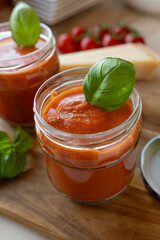 Tomato soup in a glass jar fresh and homemade cooked
