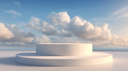 Fototapeta premium Serene white platform atop a reflective surface, under a vibrant sky with fluffy clouds
