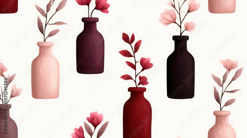 Poster a row of vases with flowers in them, some of which are red and some are pink