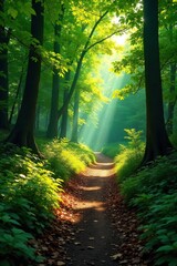 Obraz premium Winding Forest Path Sunlight Dapples Lush Greenery, Perfect for Nature, Travel, and Adventure Stock Photos
