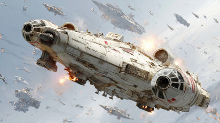 White Spaceship Under Attack Amidst a Galactic Battle