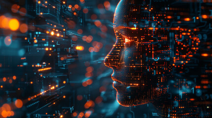 Artificial intelligence theme with neural networks, circuit diagrams, and a glowing human silhouette.