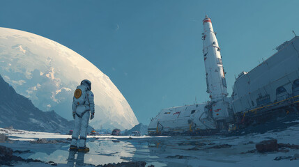 Solitary Astronaut on Desolate Alien Planet, Pixel Art Landscape