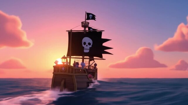 Pirate Ship at Sunset: Cartoon Adventure on the High Seas