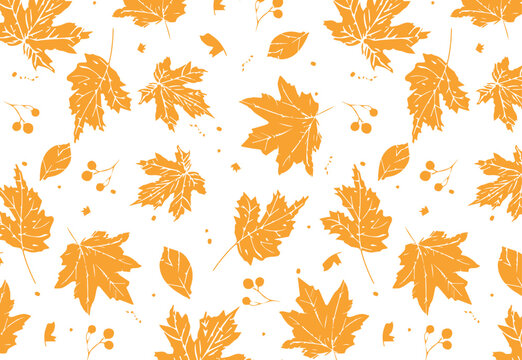 Maple leaves and berries seamless pattern in hand-drawn vector style, warm orange color, clean flat texture, perfect for autumn wrapping paper, textiles, backgrounds, seasonal products.