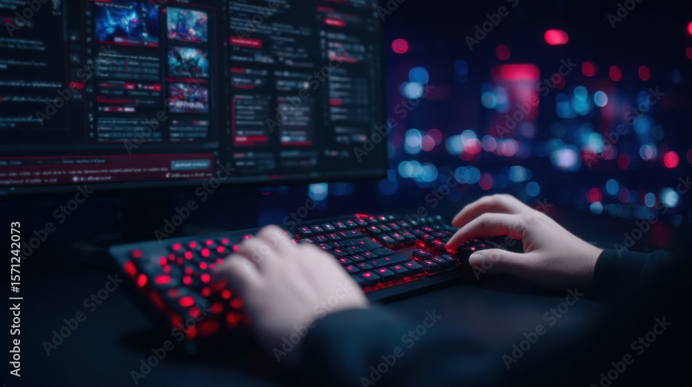 Poster a person is typing on a computer keyboard with a red and black design