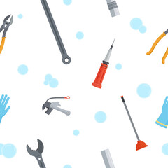 Seamless vector pattern of plumbing tools on white background. Pipe wrench, plunger, screwdriver, pliers, pipe cutter, rubber glove, pipe fitting. Repeating illustration for repair, service