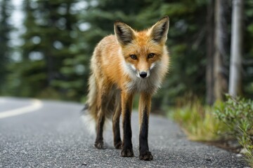 Fototapeta premium Fox strolling along a road in a national park