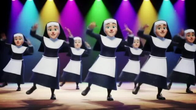 Animated nuns in habit dancing energetically on a stage with colorful spotlights.