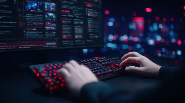 A person is typing on a computer keyboard with a red and black design