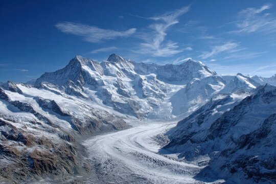 Panorama of Monte Rosa massif featuring Dufourspitze and Liskamm with Gorner glacier in between as seen from Gornergrat