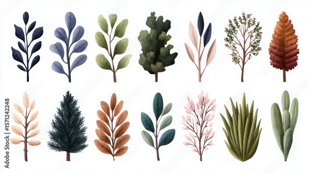 Poster a set of 12 different types of trees, including a pine tree, a palm tree