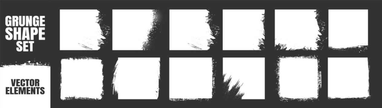 Grunge square shapes, rough brush textured vector design elements, ink frame set for abstract decoration on transparent background.
