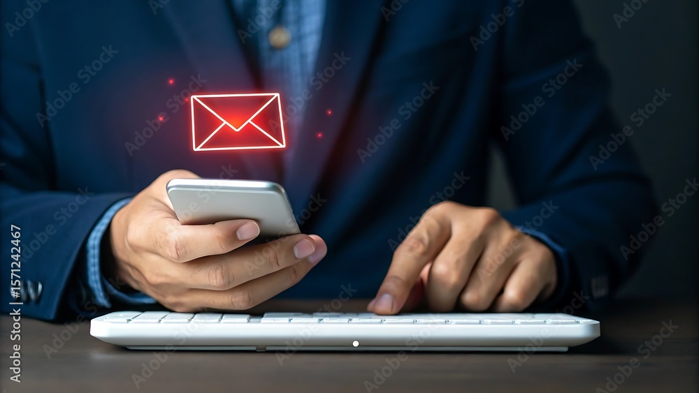 Poster close up of a businessman in a navy blue suit using a smartphone and typing on a white keyboard with
