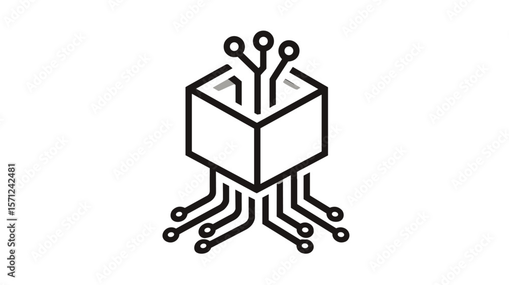 Poster abstract line art of a cube with circuitry connections