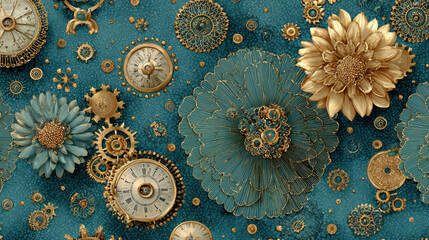 Intricate Gold and Teal Clock and Flower Pattern