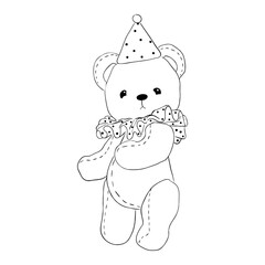 Illustration of a childrens soft toy Bear cub in a hat in the line style. Vector illustration