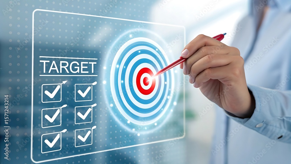 Poster person s hand holding a red pen pointing at a glowing target on a digital screen with a checklist of