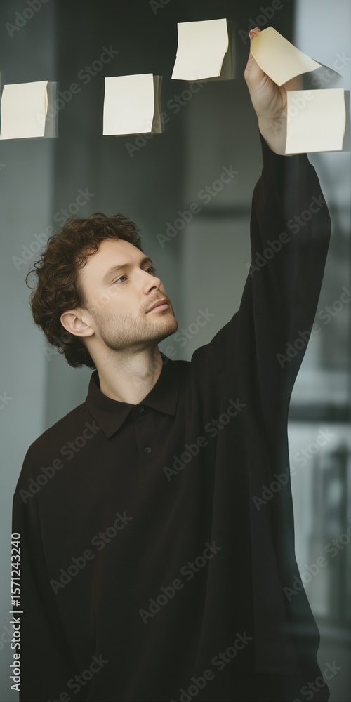 Poster a man is reaching for a stack of sticky notes. concept of organization and productivity, as the man 