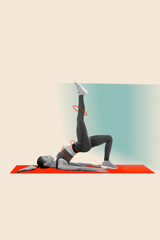 Vertical pop sketch 3d artwork collage of happy sportswoman do sport hobby gym trainer exercise healthy lifestyle pilates
