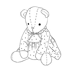 Illustration of a childrens soft toy Teddy bear in a line-style dress. Vector illustration