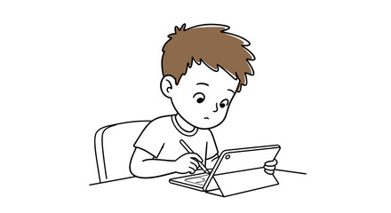 Young boy drawing on tablet while sitting at a table indoors  