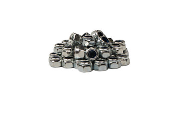 A group of metal nuts isolated on a white background.