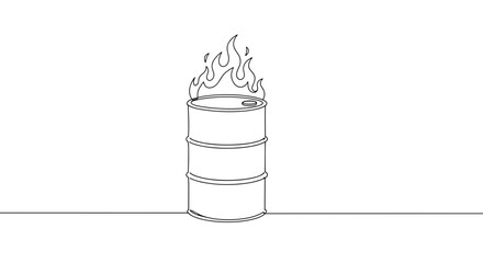 Burning oil drum in line art style on white background  