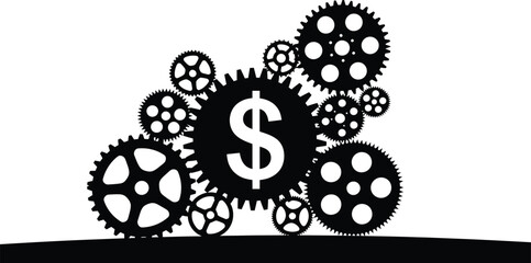 Gears turning with a dollar sign symbolize the mechanics of finance and business operations