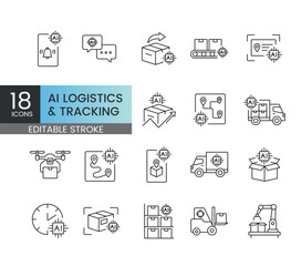 A set of vector icons representing AI-powered logistics, delivery tracking, and automation processes, created in line style with editable stroke