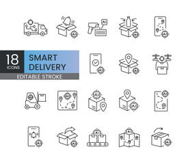 A set of vector icons representing smart delivery, AI logistics, and automated parcel tracking, created in line style with editable stroke