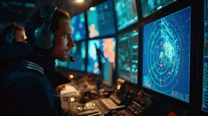 A crew member wearing a headset engaged in communication with others surrounded by multiple screens that display radar images AIS data and navigation charts highlighting potential obstacles.