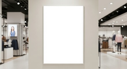 Blank billboard in modern clothing store, showcasing retail space and advertising potential.