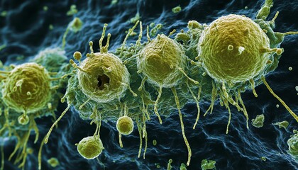 Microscopic view of bacteria consuming food particles, highlighting their unique cell structure and absorption mechanisms, microbiology, bacteria