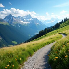 Scenic winding gravel hiking path through lush green alpine meadow with majestic snow capped mountains under a blue sky