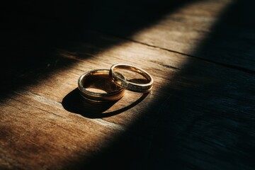 Two gold wedding bands rest on a wooden table cast in shadow adding a gloomy vibe