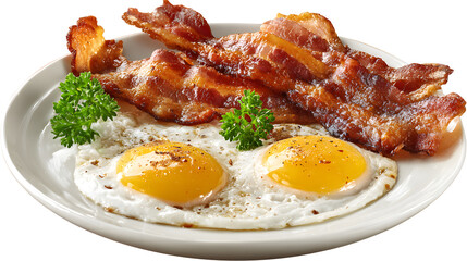 Crispy bacon strips served with two sunny-side-up fried eggs on a white plate Classic American breakfast combination isolated on a white background