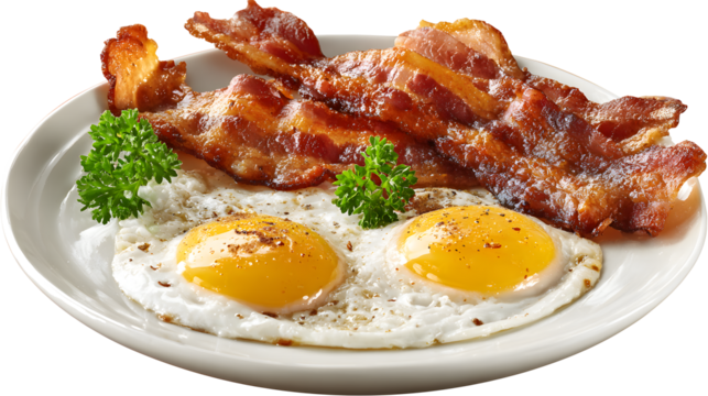 Crispy bacon strips served with two sunny-side-up fried eggs on a white plate Classic American breakfast combination isolated on a white background